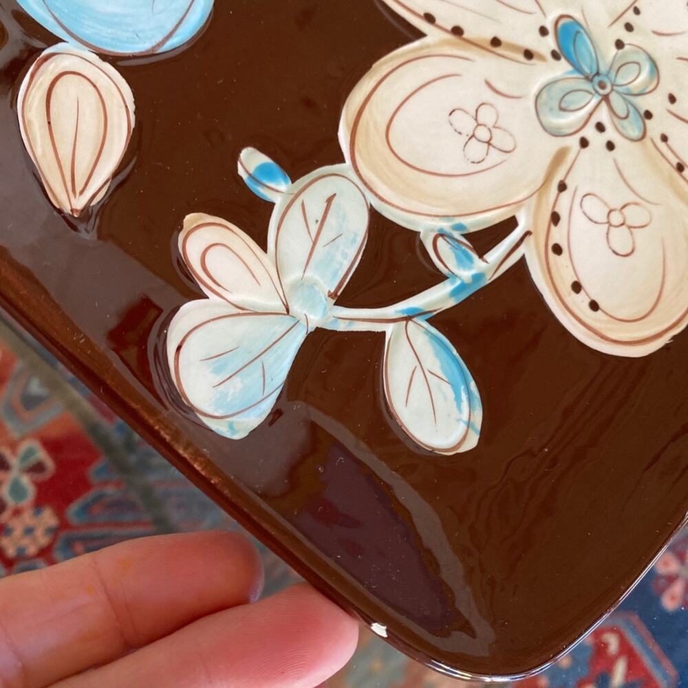 Pier 1 CASSIDY Platter Glossy Florals on Brown 11-1/3” x 13-1/2” - Picture 4 of 6